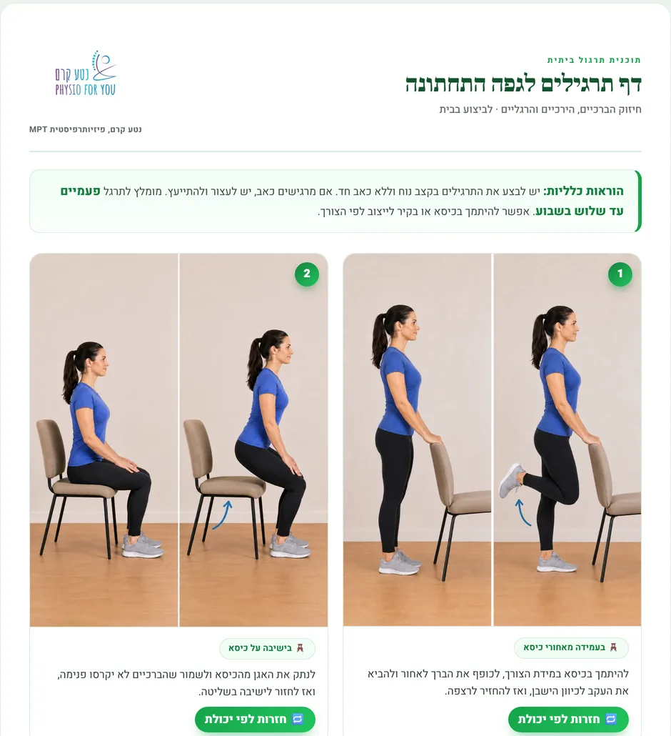 דף התרגילים לחיזוק הגפה התחתונה, כפי שהוא נראה בפועל